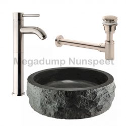 Waskom natuursteen inclusief hoge kraan en luxe afvoer set rvs look