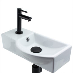 Fonteintje Belly bee - fontein met buikje met mat zwarte kraan en afvoer set links