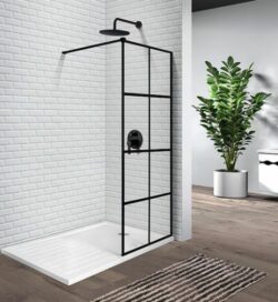Industriele inloopdouche met mat zwarte ruiten in 3 maatvoeringen