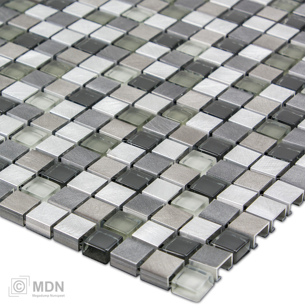Vliegveld Geladen handel Geborsteld RVS met glas mozaiek zwart mix 30x30 | Megadump