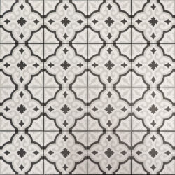 Keramische portugese vloertegels 20x20 wit met zwart en grijs bloemetjes motief