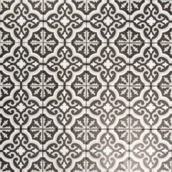 Keramische portugese vloertegels 20x20 zwart met wit en grijs bloemetjes patroon