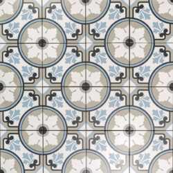 Keramische portugese vloertegels 20x20 wit met blauw zwart en grijs bloemen motief