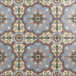 Portugese vintage tegels met aubergine, blauw, taupe, groen en beige bloemen motief