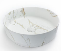 Keramische ronde Waskom Mat Wit – Carrara Gold Marmer – Ø39 cm – Inclusief Klikwaste