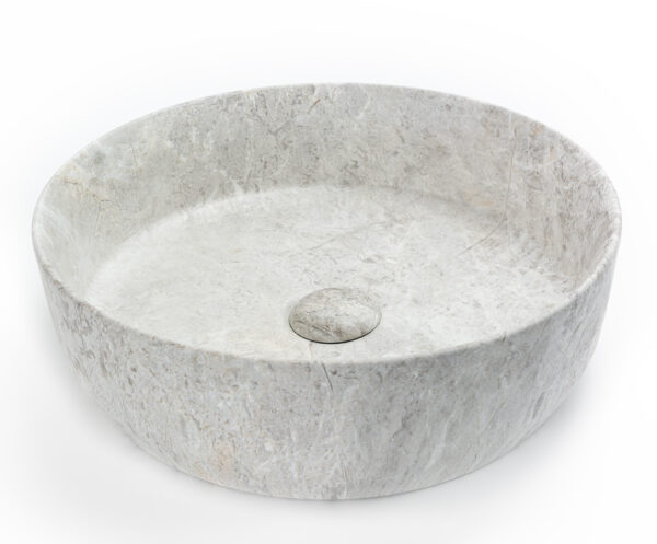Ronde Waskom Badkamer Grijs – Marmerlook Keramiek – Ø39 cm – Met Afsluitbare Klikwaste