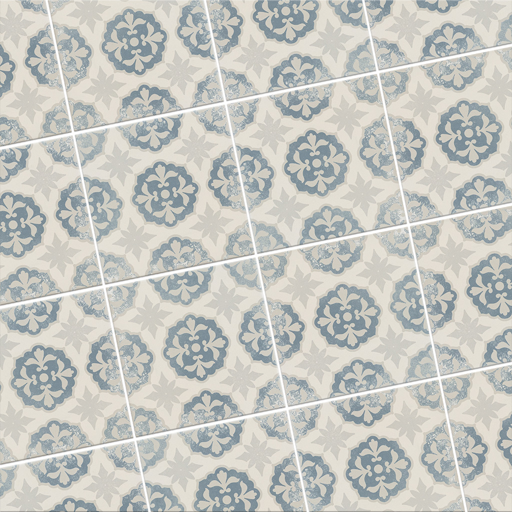 Keramische-Portugese-vloertegels-20x20-grijs-met-blauw-bloemetjes-patroon