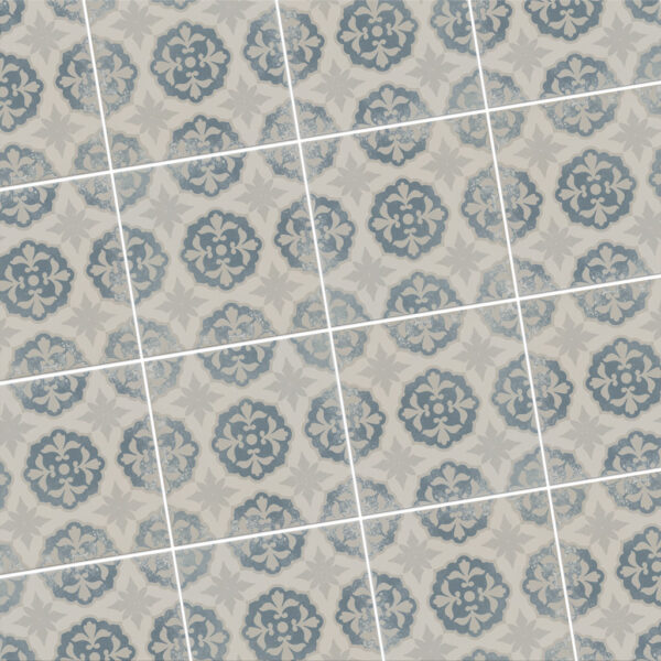 Keramische Portugese vloertegels 20x20 grijs met blauw bloemetjes patroon