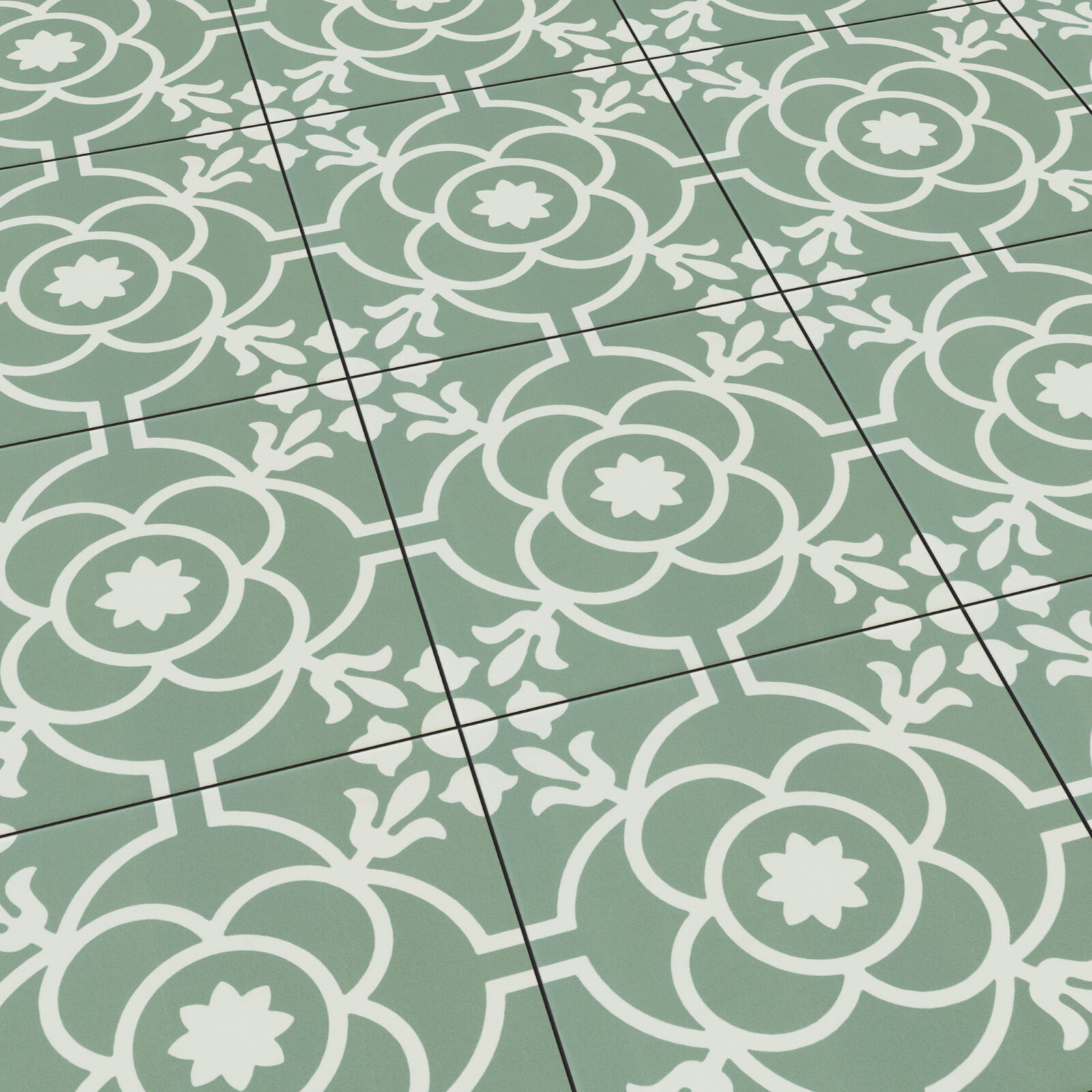 Keramische Portugese vloertegels 20x20 groen met wit bloemetjes patroon