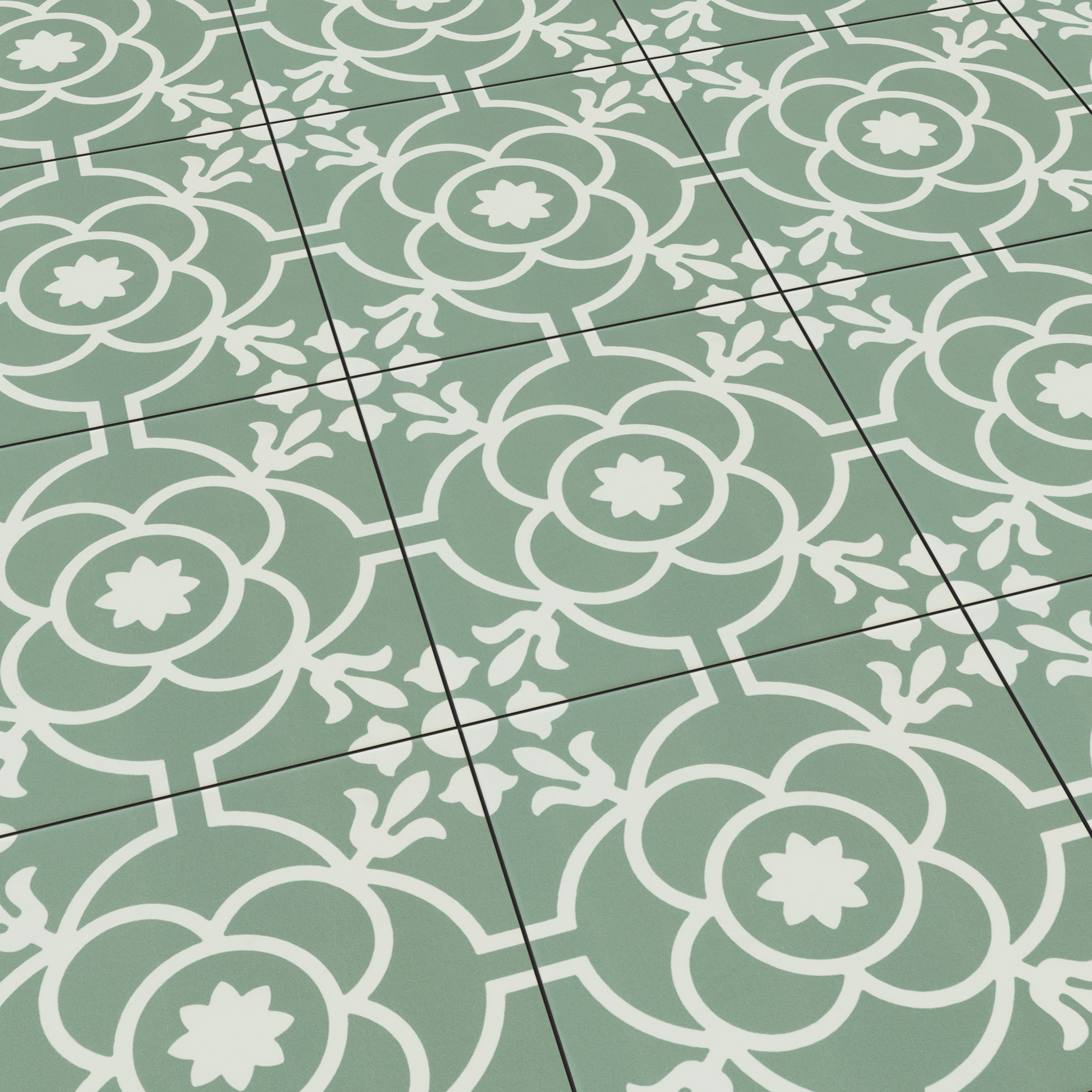 Keramische Portugese vloertegels 20x20 groen met wit bloemetjes patroon