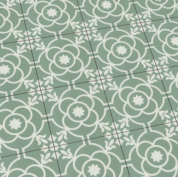 Keramische Portugese vloertegels 20x20 groen met wit bloemetjes patroon