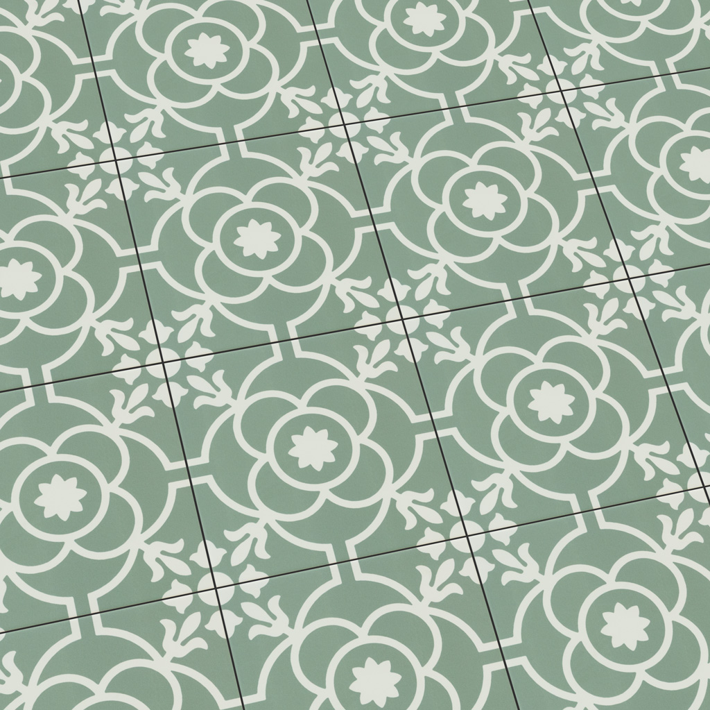 Keramische Portugese vloertegels 20x20 groen met wit bloemetjes patroon