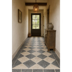 Getrommelde Keramische Dambord Vloertegels hardsteen look – Beige/Zwart Mix 20x20 cm sfeerfoto